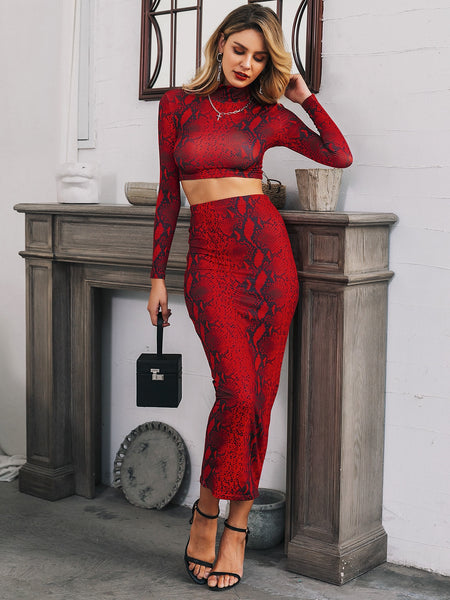 Snakeskin Print Crop Top and Pencil Skirt Set - What's Your Chic