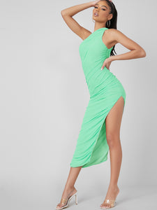 Mesh One-Shoulder Ruched Bodycon Dress - What's Your Chic