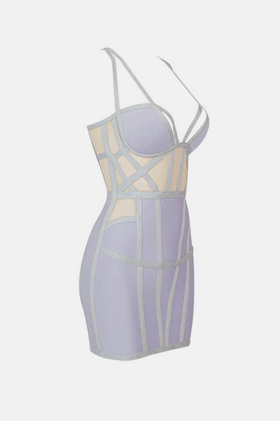 Tricolor Spliced Mesh Plunge Mini Bandage Dress - What's Your Chic