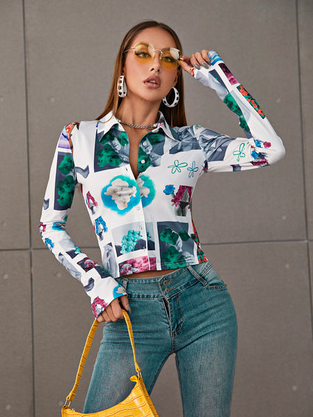 Printed Long Sleeve Cropped Shirt - What's Your Chic