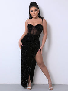 Sequin Spliced Mesh Adjustable Strap Dress - What's Your Chic